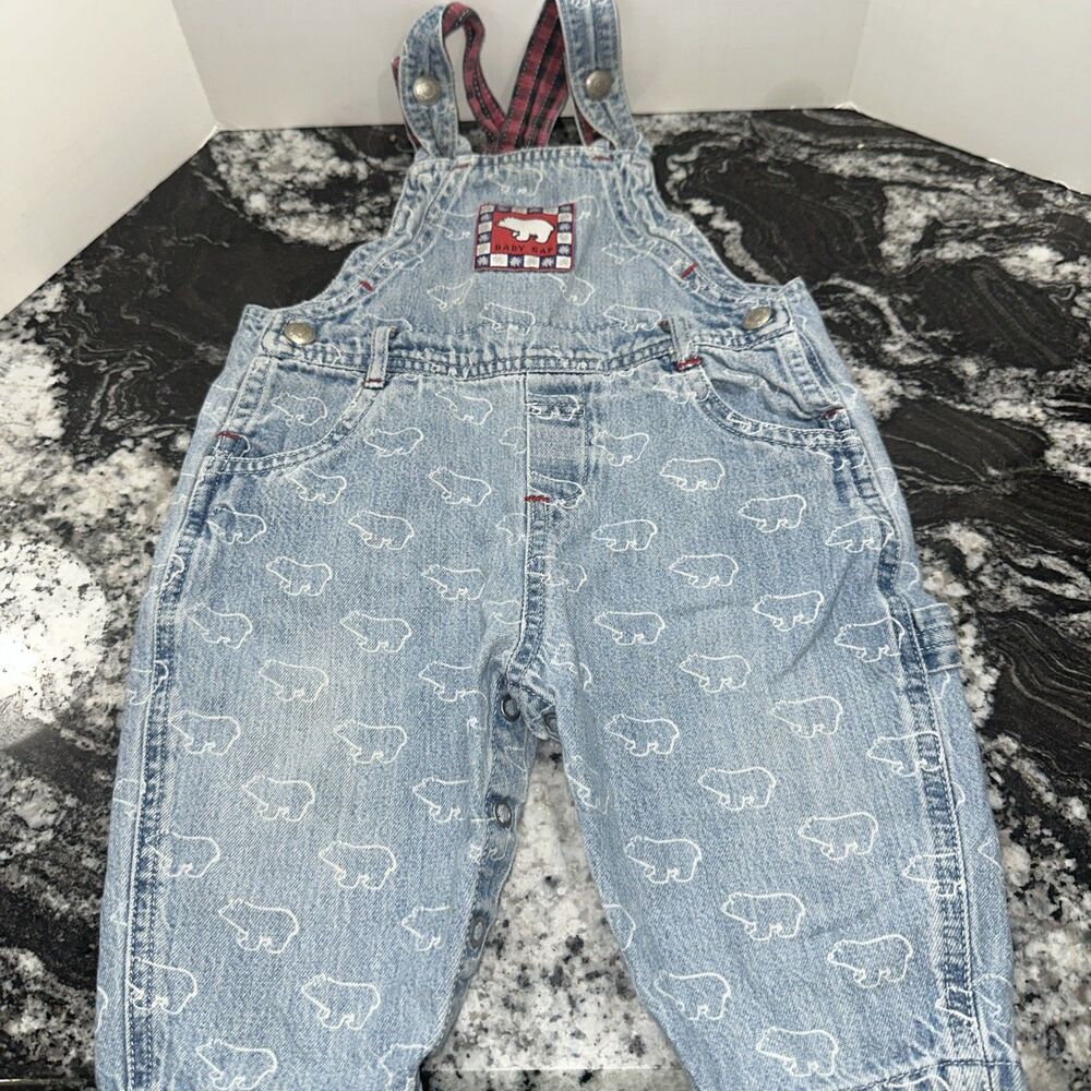 Vintage 90s Baby GAP Polar Bear Denim Overalls USA Made Red Plaid Lined Toddler